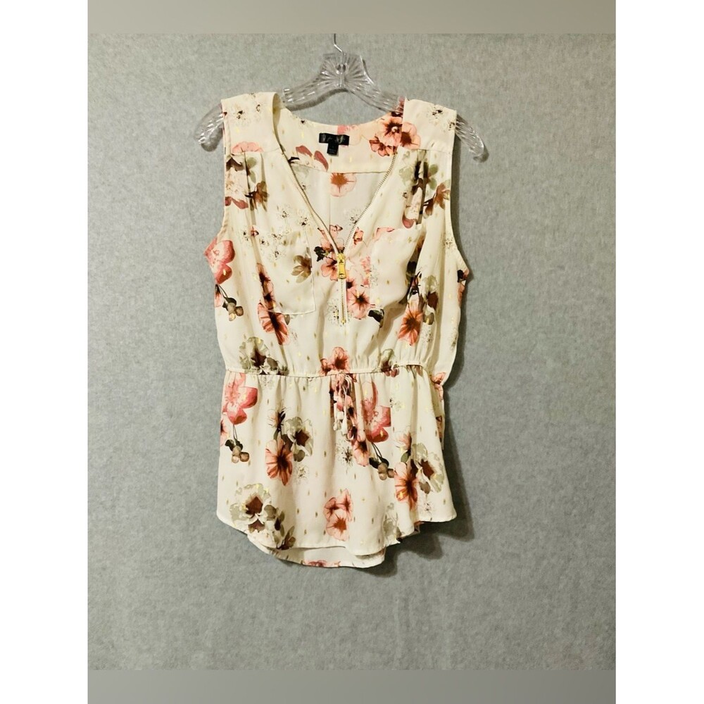 J for Justify Sleeveless Cream Floral Tie-Waist Blouse Sz L
